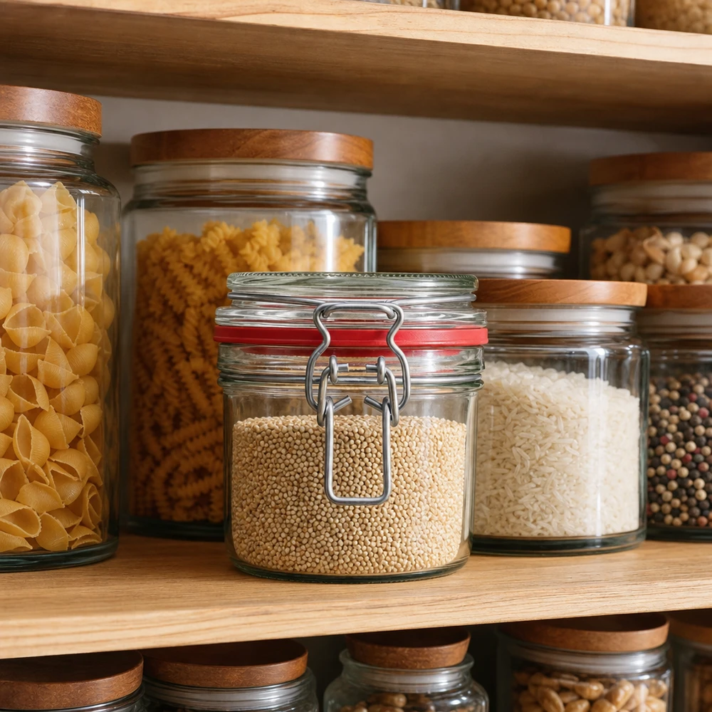 255ml Vorratsglas Typ G mit Bügelverschluss UN.. Vorratsgläser 255ml in organisierter Küchenpantry mit Nudeln, Reis und Gewürzen - praktische Küchenorganisation