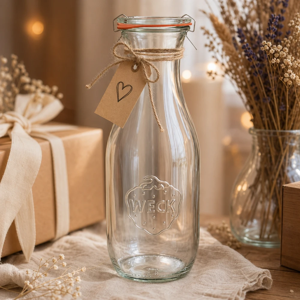 1062ml Saftflasche komplett WECK RR60 WECK Saftflasche 1062ml RR60 dekorativ mit Juteschnur und Herzanhänger als Geschenk rustikal inszeniert