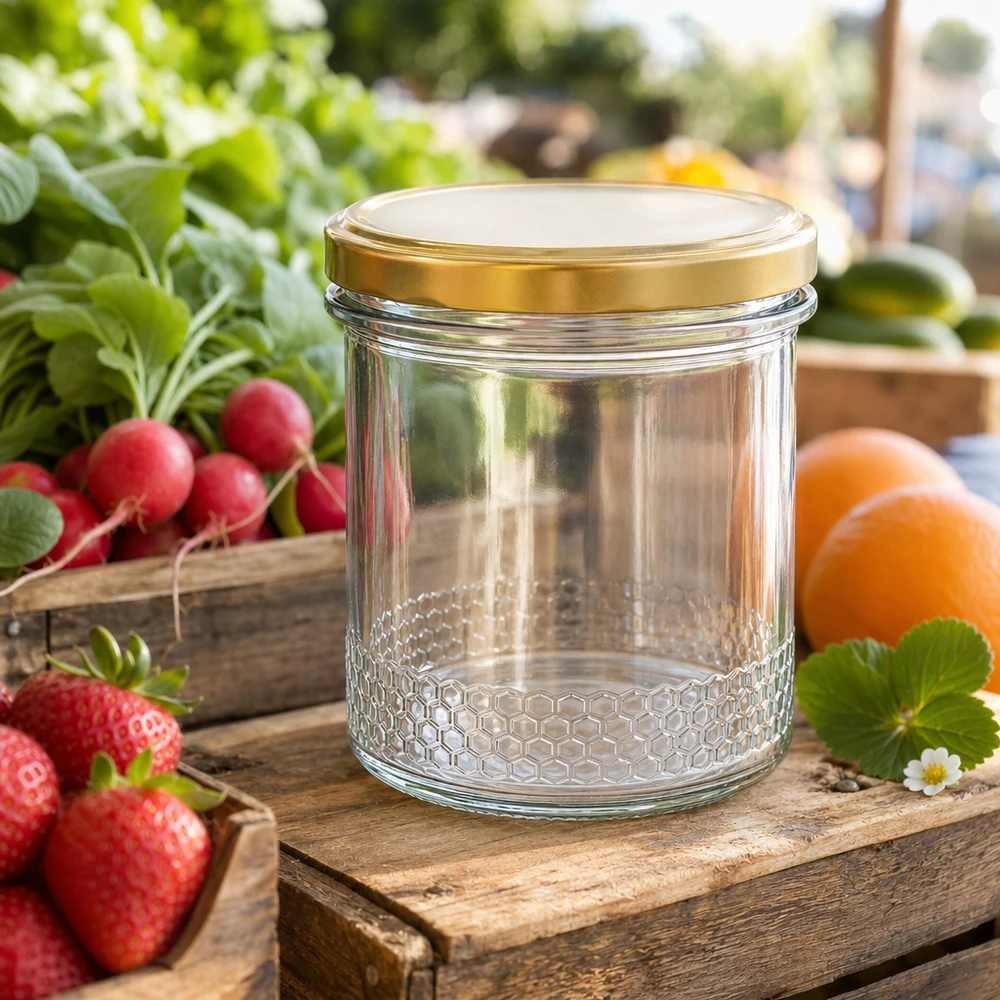 560g Honigglas + BasicSeal Deckel gold UNiTWIST 400ml Honigglas mit BasicSeal Deckel gold UNiTWIST auf Holzkiste im Garten umgeben von frischen Erdbeeren und Radieschen