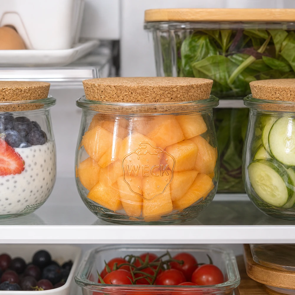 370ml Tulpenglas WECK RR80 mit Korken natur WECK Tulpenglas 370ml RR80 mit Naturkorken im Kühlschrank zur Aufbewahrung von Cantaloupe Melone und Gemüse