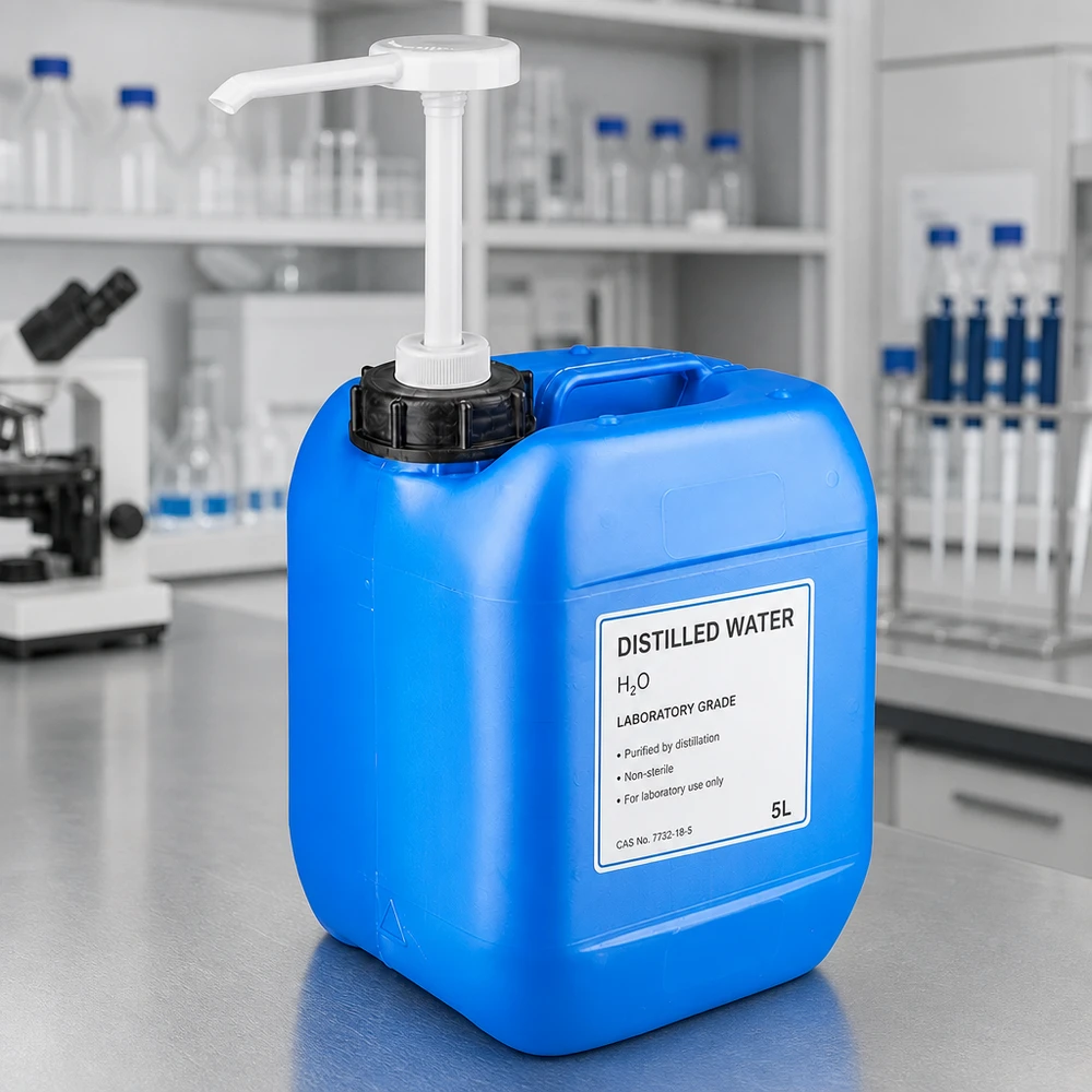 Kanister 5 Liter blau mit Dosierpumpe Laborkanister 5L in Blau mit Pumpvorrichtung neben Mikroskop und Reagenzgläsern