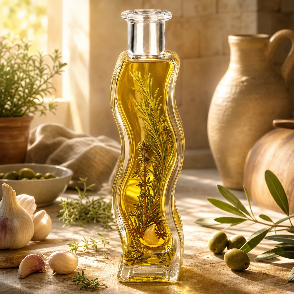 100ml Glasflasche "Melissa" ohne Verschluss UNiTWIST 100ml Glasflasche Melissa gefüllt mit Kräuteröl und Rosmarinzweigen in mediterraner Küche mit Oliven und Keramik