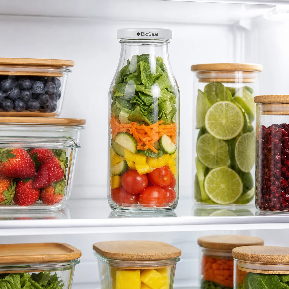UNiTWIST Bottle263 mit BioSeal Deckel gefüllt mit Salat im Kühlschrank neben anderen Glasvorratsbehältern