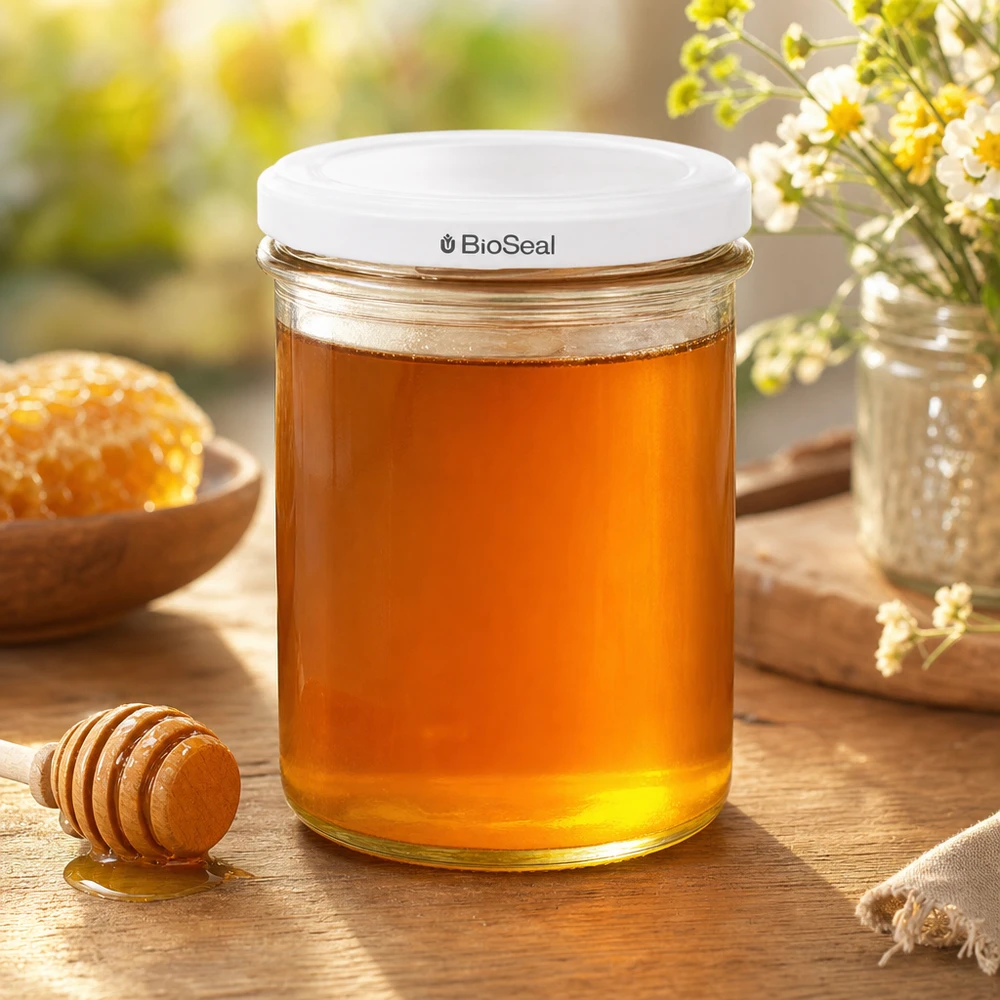 350ml Sturzglas mit BioSeal Deckel weiß UNiTWIST UNiTWIST Sturz350 mit weißem TO82 BioSeal Deckel gefüllt mit Honig zeigt perfekte Eignung für Marmeladen und Aufstriche