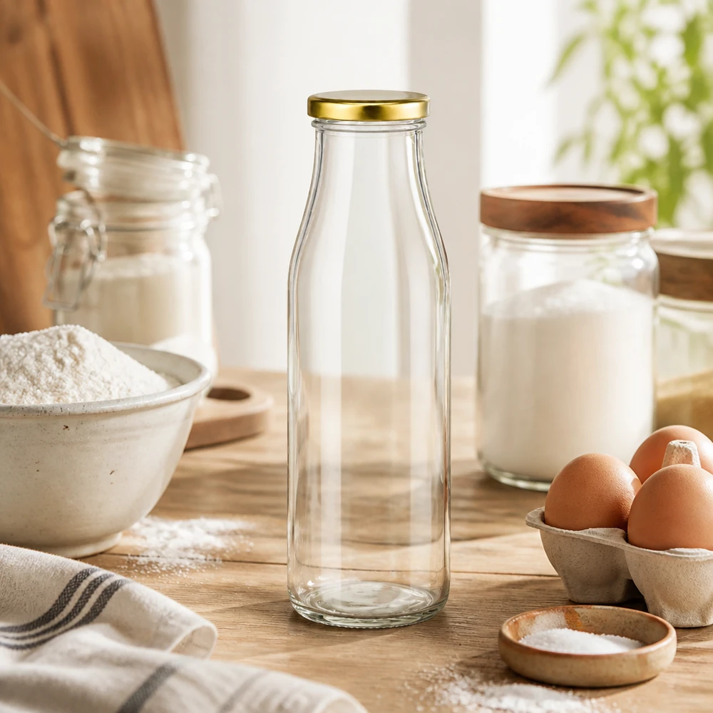500ml Glasflasche BasicSeal Deckel gold in Backküche mit Mehl Eiern Milchglas auf Holzarbeitsfläche Küchenutensilien