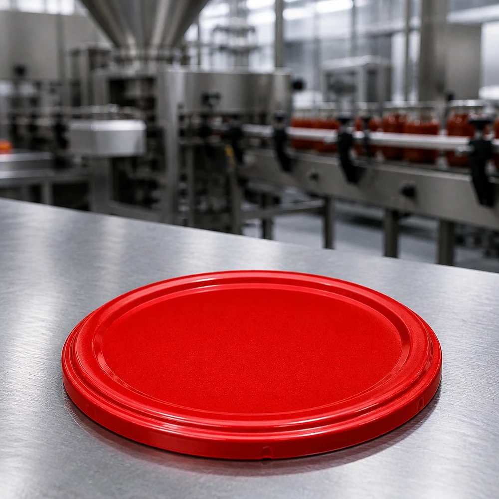82mm BasicSeal Deckel rot (TO82) UNiTWIST Roter Metalldeckel TO82 82mm BasicSeal UNiTWIST Nahaufnahme Abfüllbetrieb Gläser Förderband