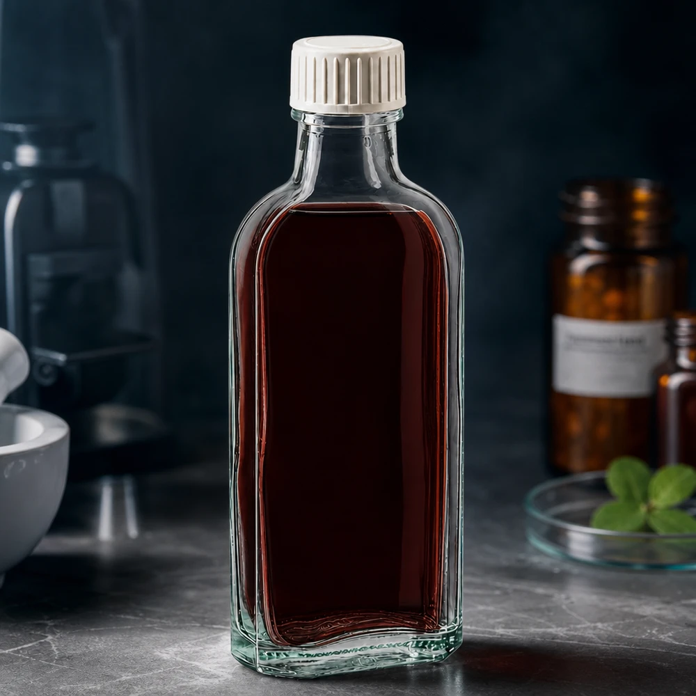 100 ml Meplat klar Schraubverschluss mit PE-Schaumeinlage Klare Meplat Flasche mit auslaufsicherem Weißverschluss vor dunklem Laborhintergrund 100ml