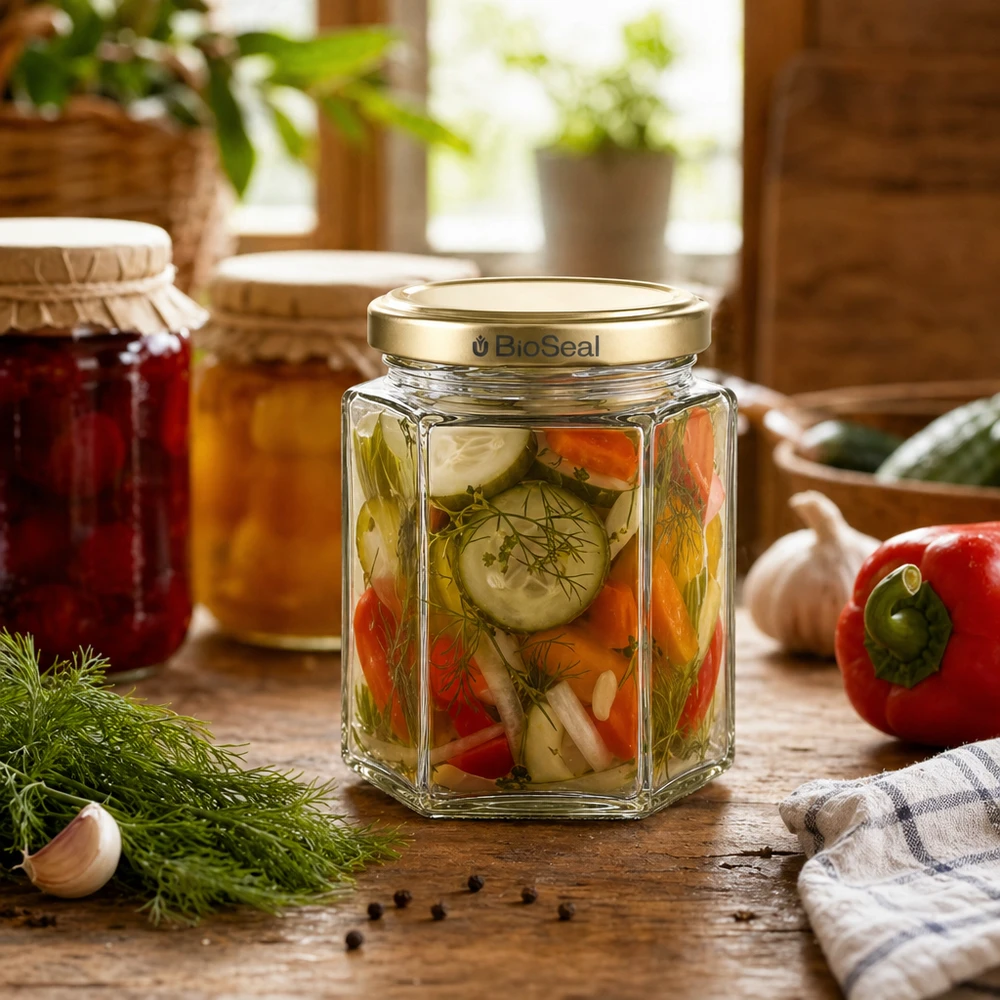 250g Honigglas mit goldenem Deckel BioSeal UNiTWIST 250g Honigglas sechseckig mit eingelegtem Gemüse befüllt BioSeal Golddeckel rustikale Küche Dill Paprika Gurken