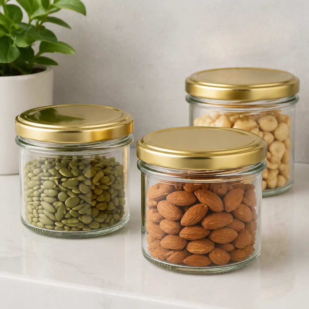 125ml Sturzgläser mit BasicSeal Deckel gold für Nüsse und Trockenfrüchte - elegante Aufbewahrung in der Küche