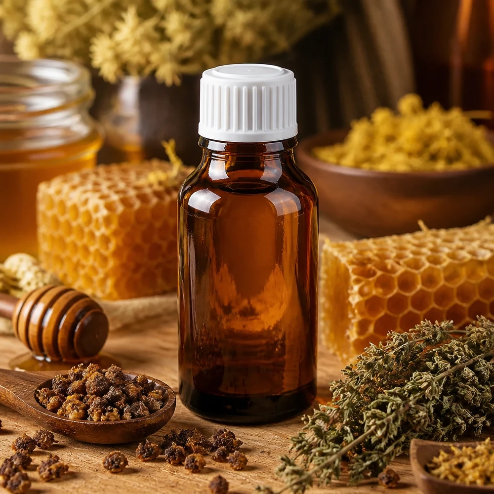 Apothekenflasche braun 15ml Schraubverschluss weiß Standard Apothekerflasche braun 15ml weißer Schraubverschluss umgeben von Bienenprodukten und Thymian