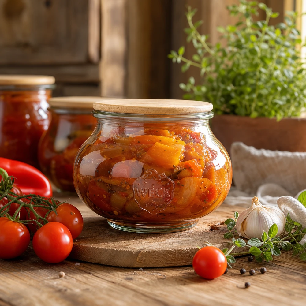 560ml Schmuckglas WECK RR80 mit Holzdeckel WECK Vorratsglas 560ml mit Holzdeckel gefüllt mit Tomatenaufstrich in rustikaler Küche mit frischen Zutaten
