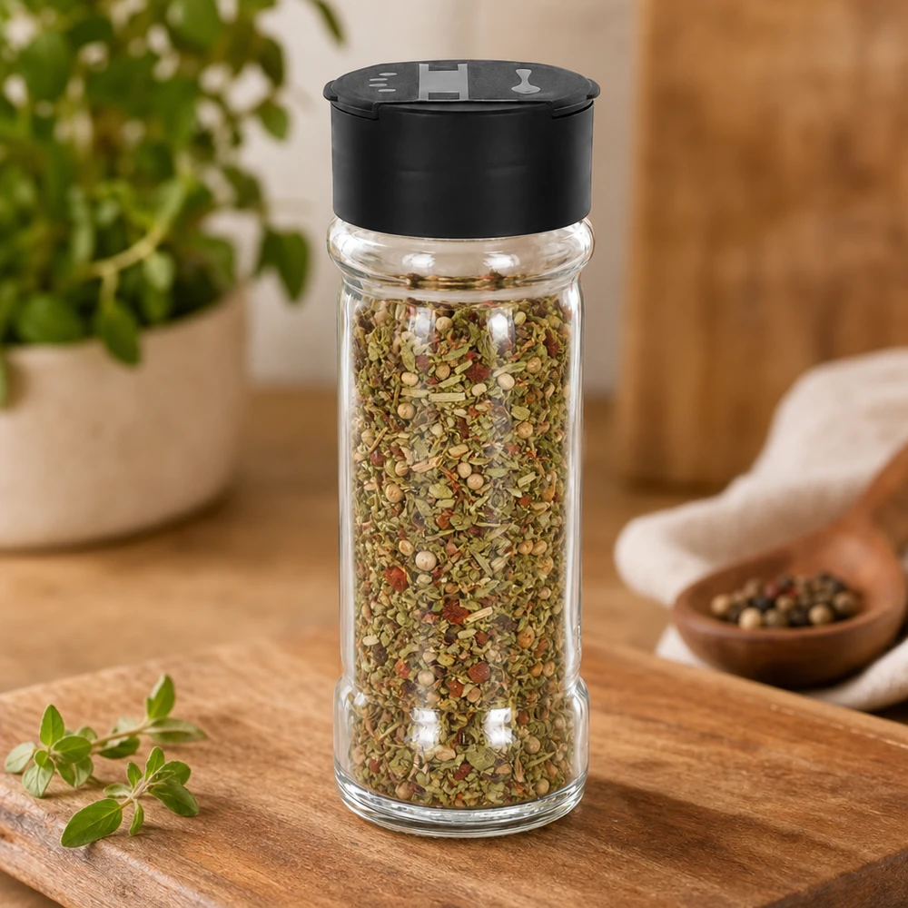 Rundes Gewürzglas 100ml mit grünen Kräutern und roten Flocken befüllt schwarzer Deckel