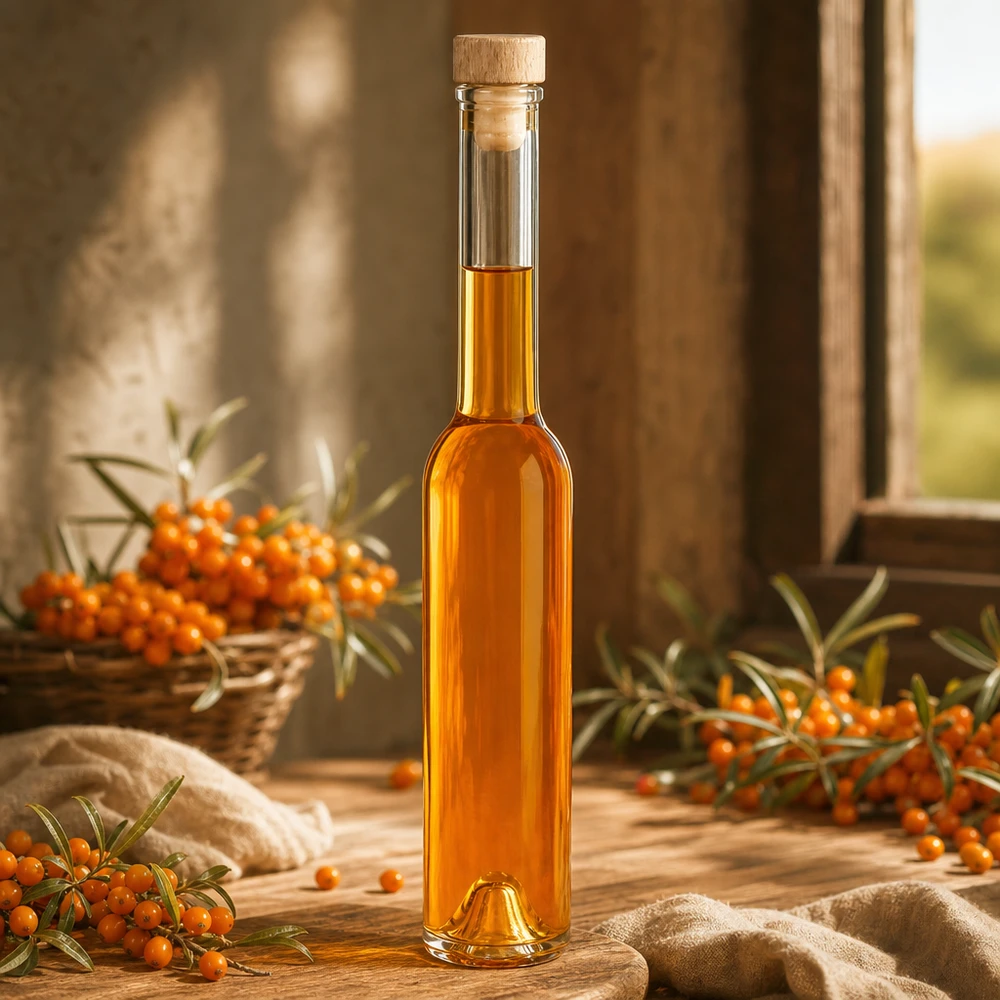 Glasflasche Hugo 200ml mit Sanddornöl und frischen Sanddornbeeren in natürlicher Holzumgebung mit Leinendekor