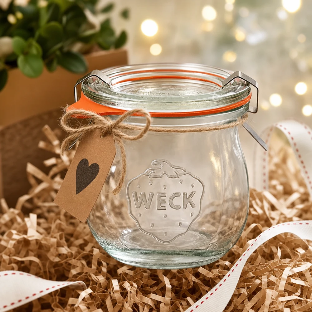 75ml Tulpenglas komplett WECK RR40 WECK Tulpenglas 75ml RR40 als Geschenkidee dekorativ verpackt mit Herzanhänger und Geschenkband in festlicher Atmosphäre
