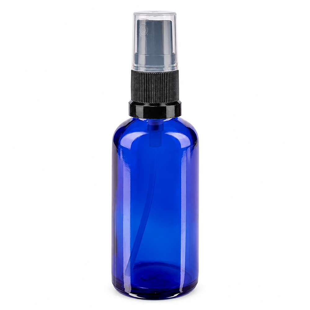 Runde blaue Apothekerglasflasche 50ml mit schwarzem Sprühkopf und Schutzkappe