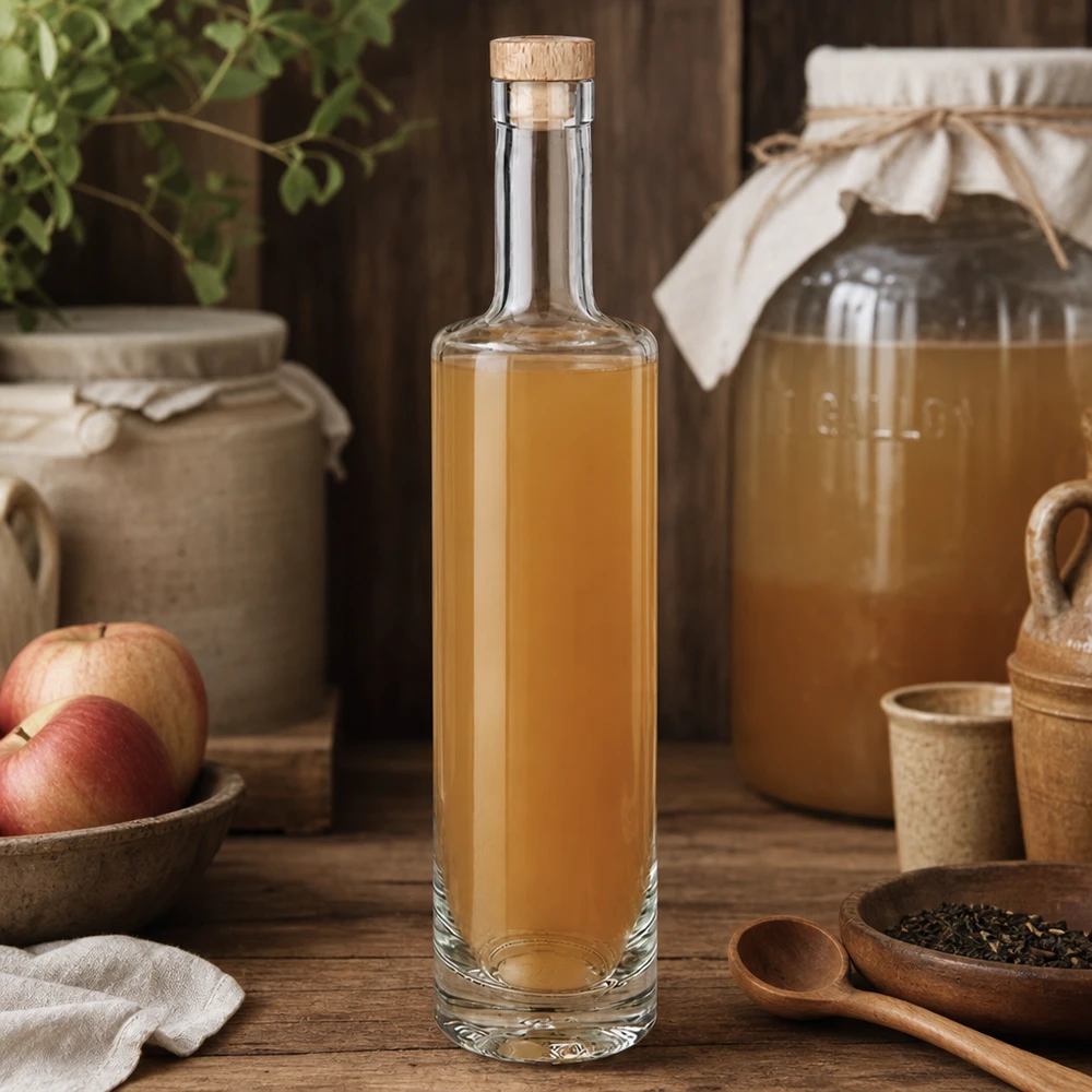500ml Glasflasche "Lina" mit Holzgriff-Korken UNiTWIST 500ml Glasflasche Lina mit Holzkorken gefüllt mit Apfellikör rustikale Küche Apfel Kräuter Ambiente