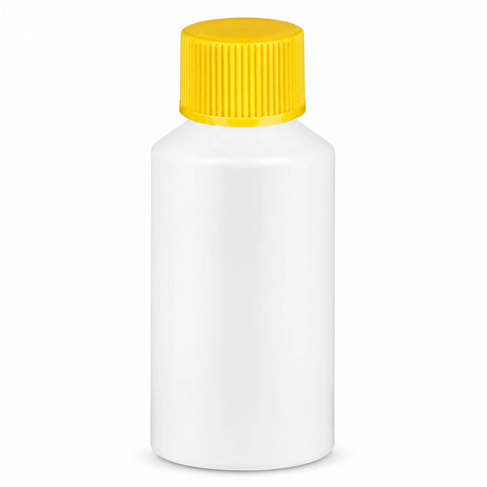 Apothekerflasche aus lebensmittelechtem HDPE Kunststoff 50ml weiß mit gelbem Deckel