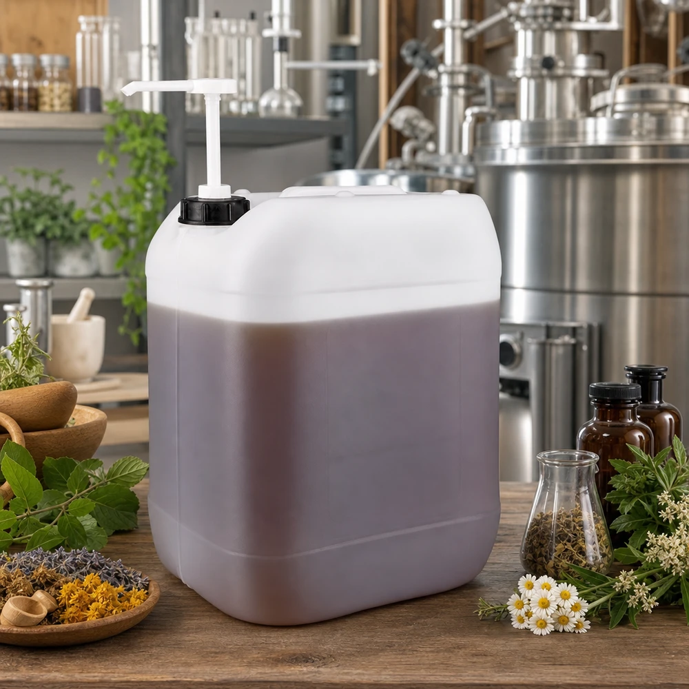 Kanister 20 Liter mit Dosierpumpe Quadratischer 20 Liter Kanister mit schwarzem Deckel und Pumpe in naturheilkundlicher Umgebung