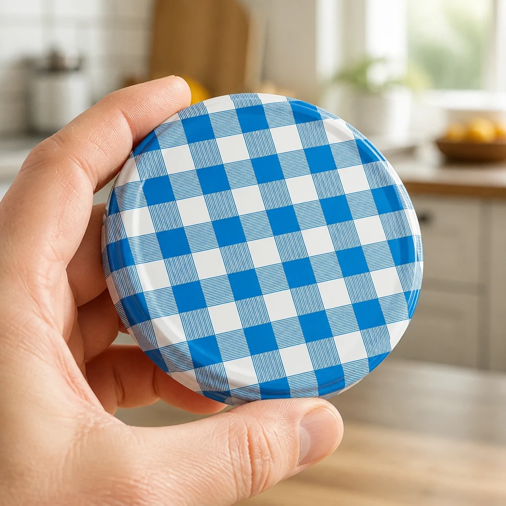 Handtellergroßer Twist-Off-Deckel 82mm Karomuster blau weiß lebensmittelecht