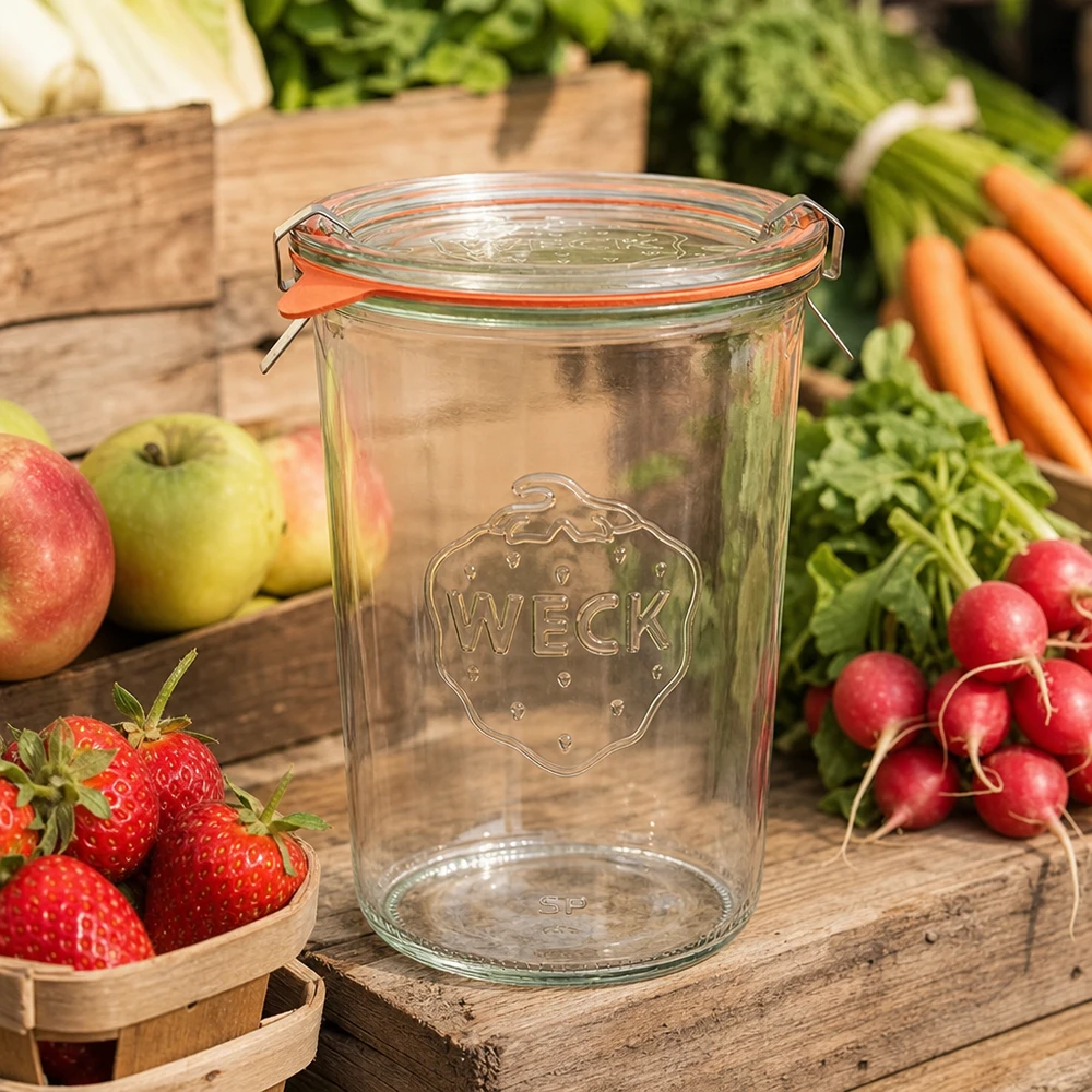 WECK RR100 Einmachglas 850ml mit frischem Obst und Gemüse auf rustikalem Holztisch als Küchenszene für Vorratshaltung