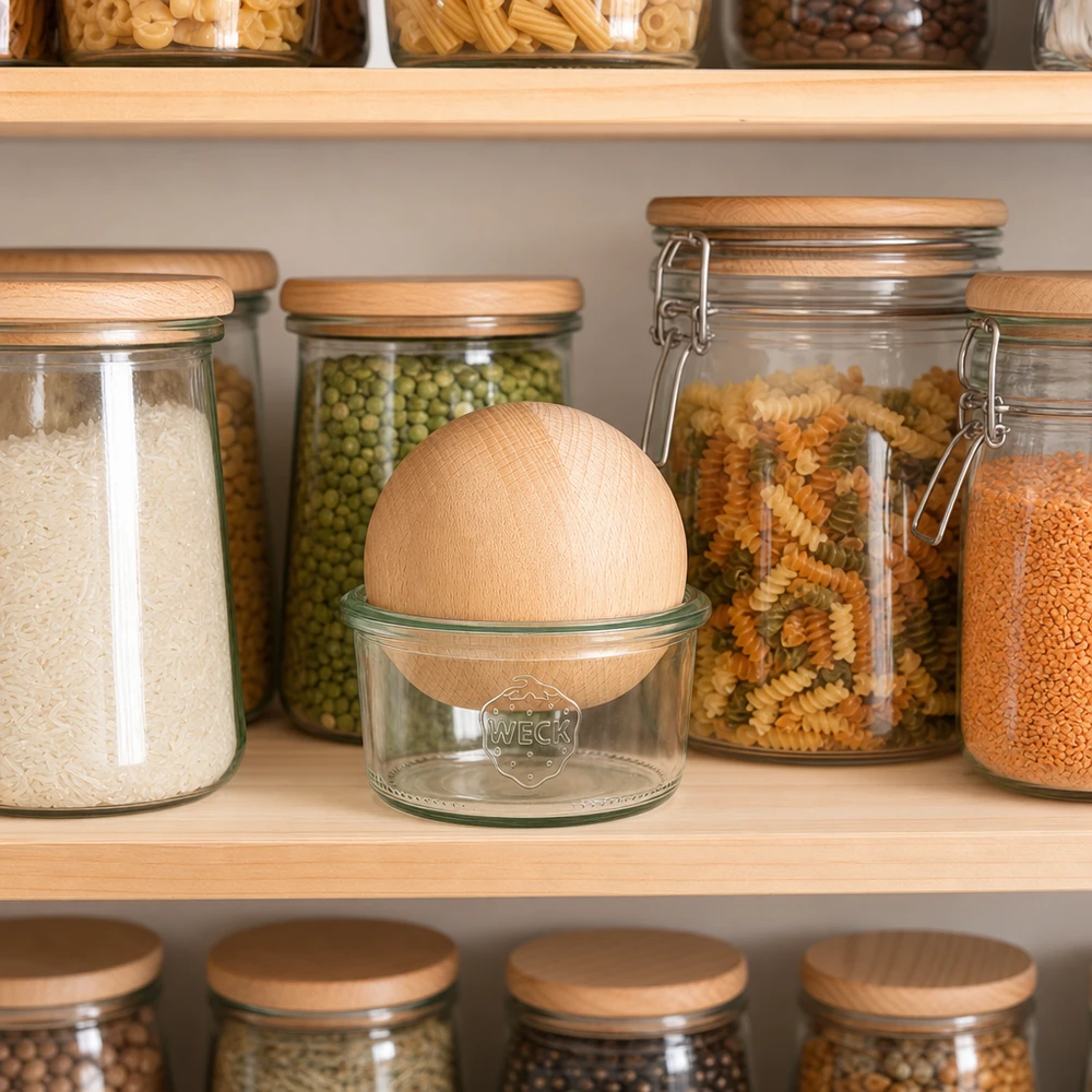 165ml Sturzglas WECK RR80 mit Holzkugel Buche WECK Sturzglas 165ml RR80 mit Buchenkugel im organisierten Vorratsschrank zwischen luftdichten Aufbewahrungsgläsern