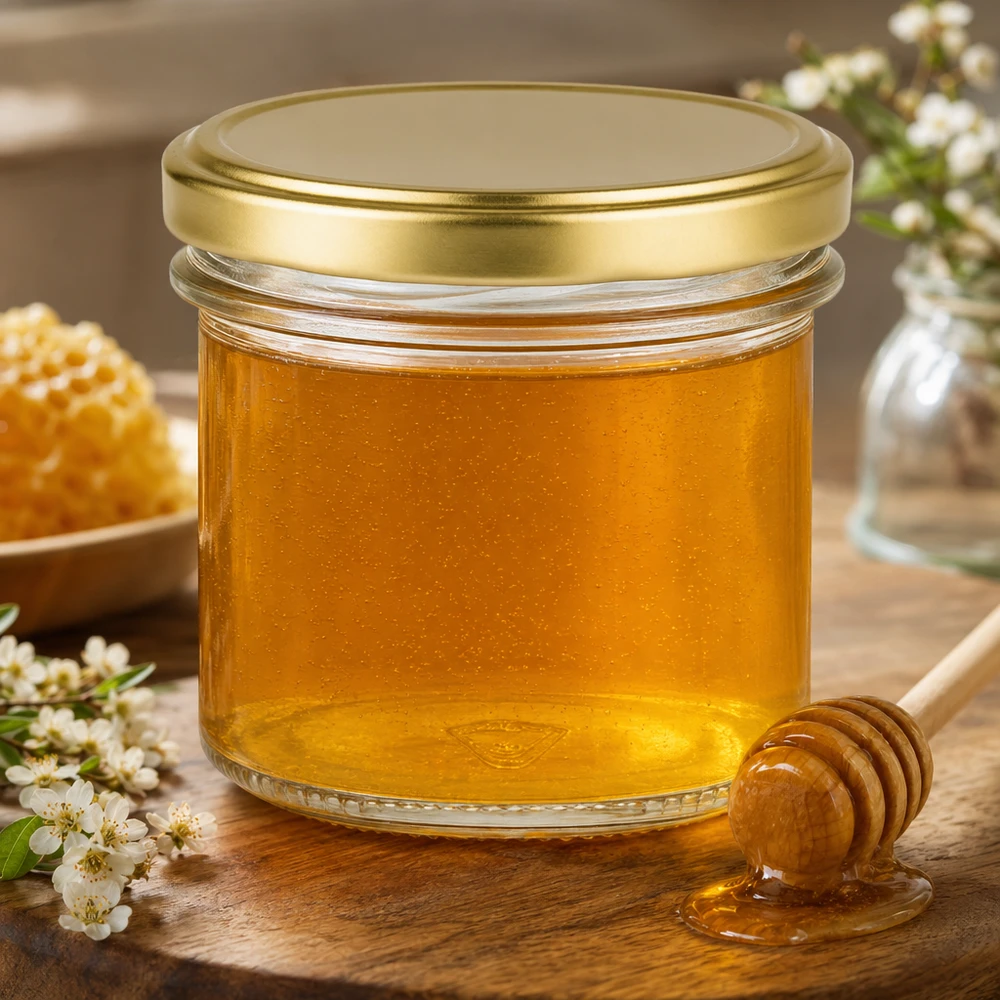 125ml Sturzglas mit BasicSeal Deckel gold gefüllt mit Honig neben Honiglöffel und Blütenzweigen