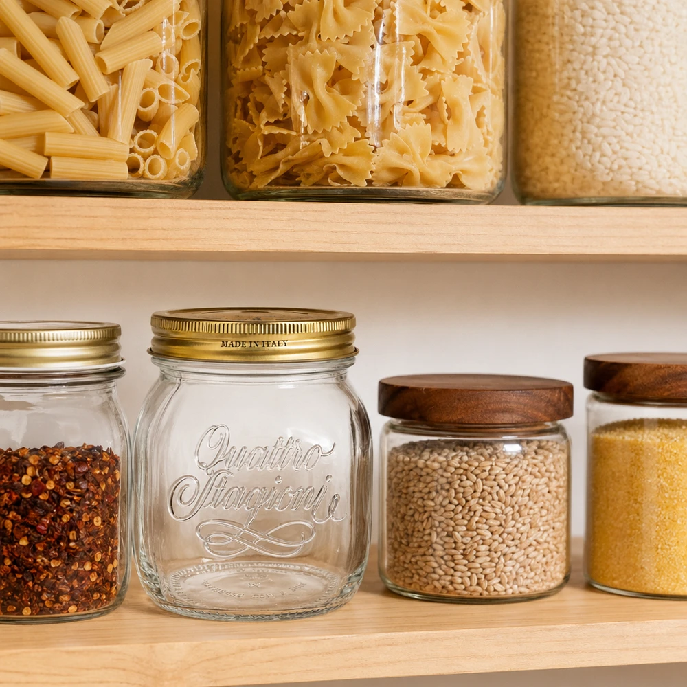 700ml Rundglas "Quattro Stagioni" mit Deckel Quattro Stagioni Einmachglas 700ml in organisierter Pantry mit Pasta und Gewürzen italienische Küchenausstattung