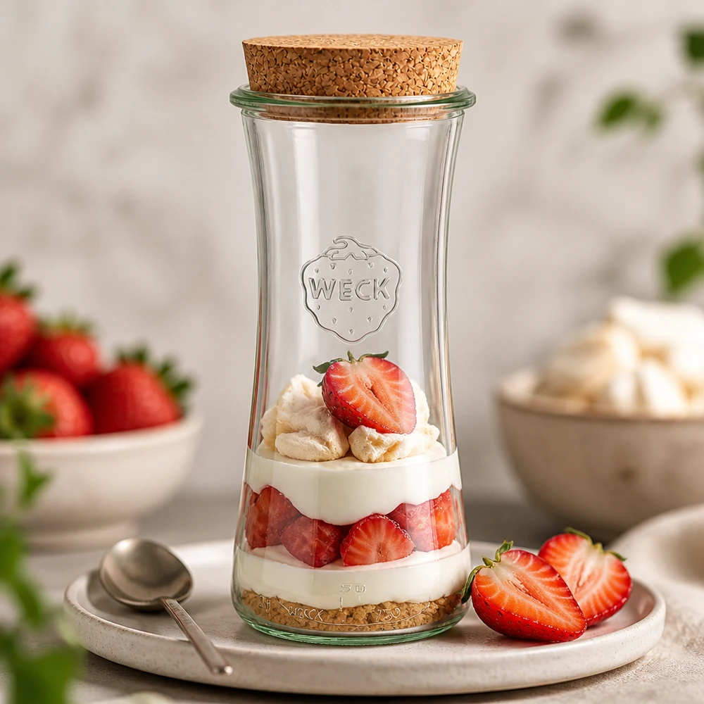 WECK RR80 Delikatessenglas 700ml mit Korken gefüllt als Erdbeer-Schichtdessert mit Sahne auf weißem Serviertablett