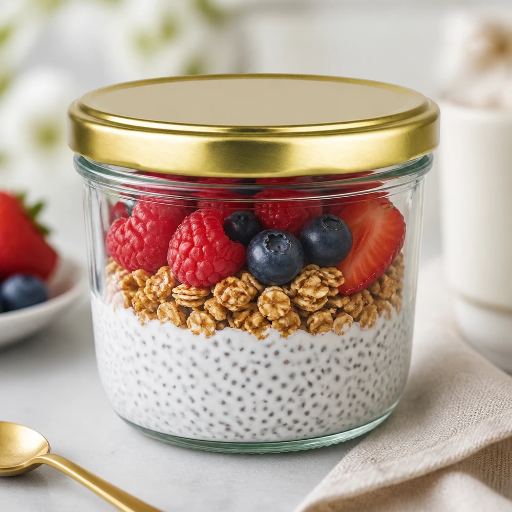 230ml Sturzglas mit BasicSeal Deckel gold UNiTWIST 230ml Sturzglas mit goldenem Deckel gefüllt mit Chia-Pudding, Nüssen und Beeren als Anwendungsbeispiel