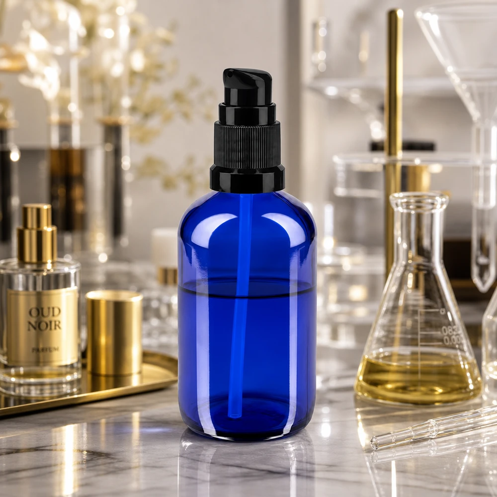 Blaue 100ml Glasflasche mit schwarzem Pumpspender zwischen Laborkolben und Goldaccessoires