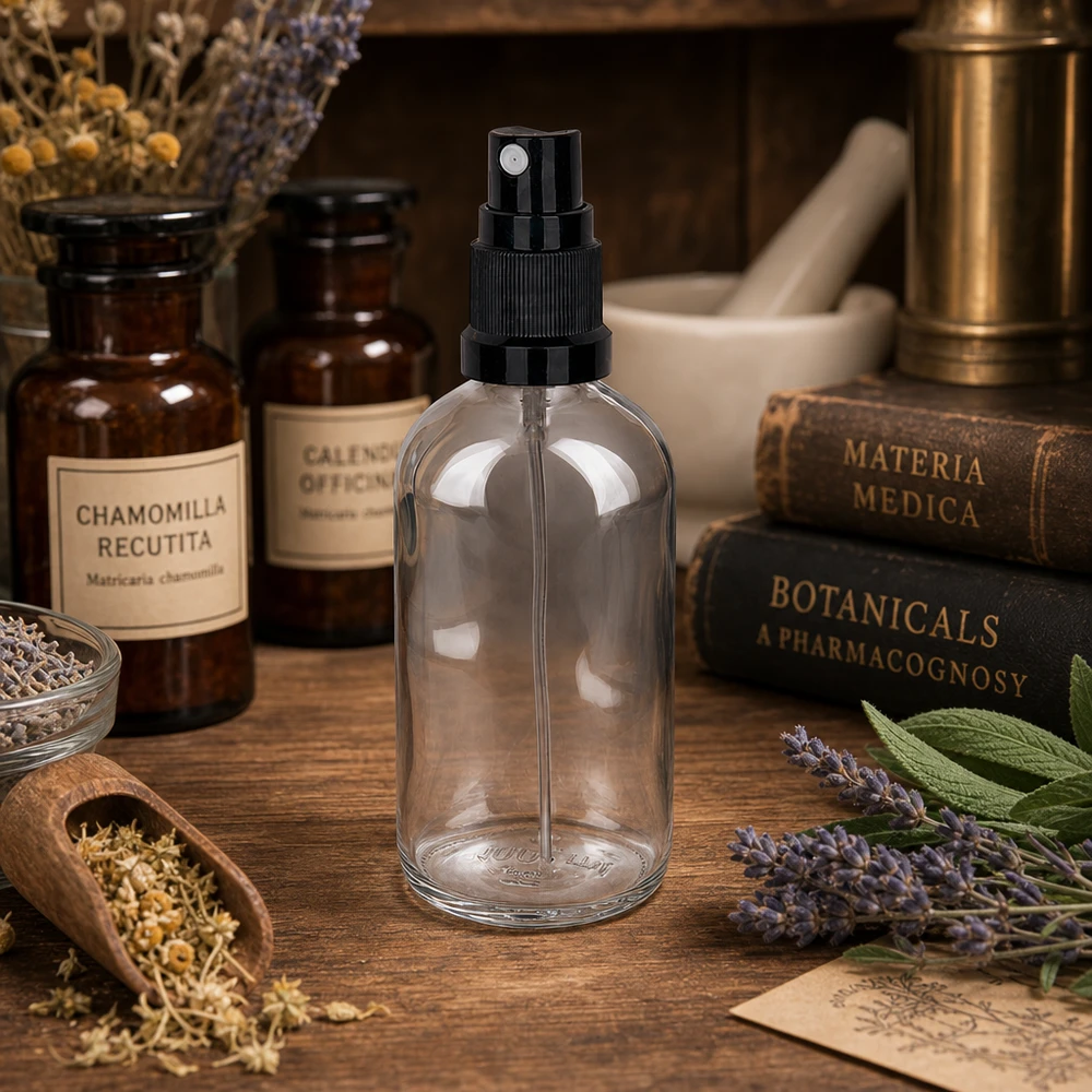 100ml Sprayflasche schwarz/transparent Standardverschluss ClearLine UT18/100 Transparente 100ml Pumpsprühflasche Glas neben Lavendel getrockneten Kräutern Holzlöffel