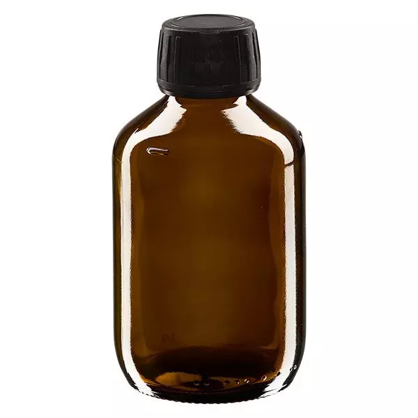 200ml Medizinflasche braun, Verschluss schwarz mit Originalitätsring ApoGlas