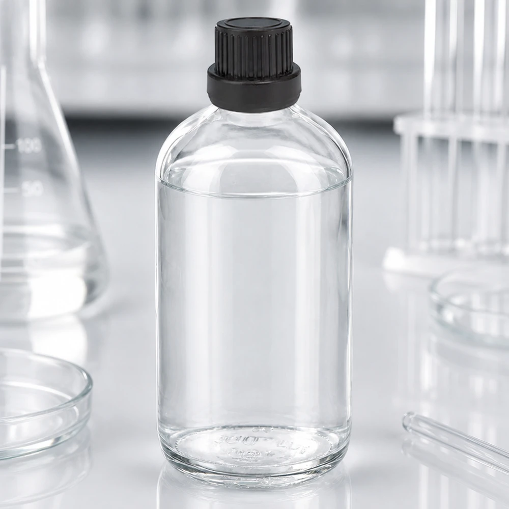 Kleine 100ml Laborflasche Klarglas mit schwarzem OV-Deckel 2mm Tropföffnung ClearLine UT18