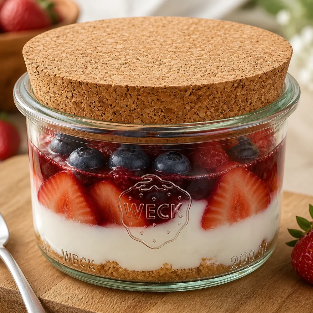 200ml Sturzglas WECK RR80 mit Korken natur WECK Sturzglas 200ml RR80 gefüllt mit Beeren-Dessert und Korkdeckel zeigt vielseitige Verwendung als Dessertglas