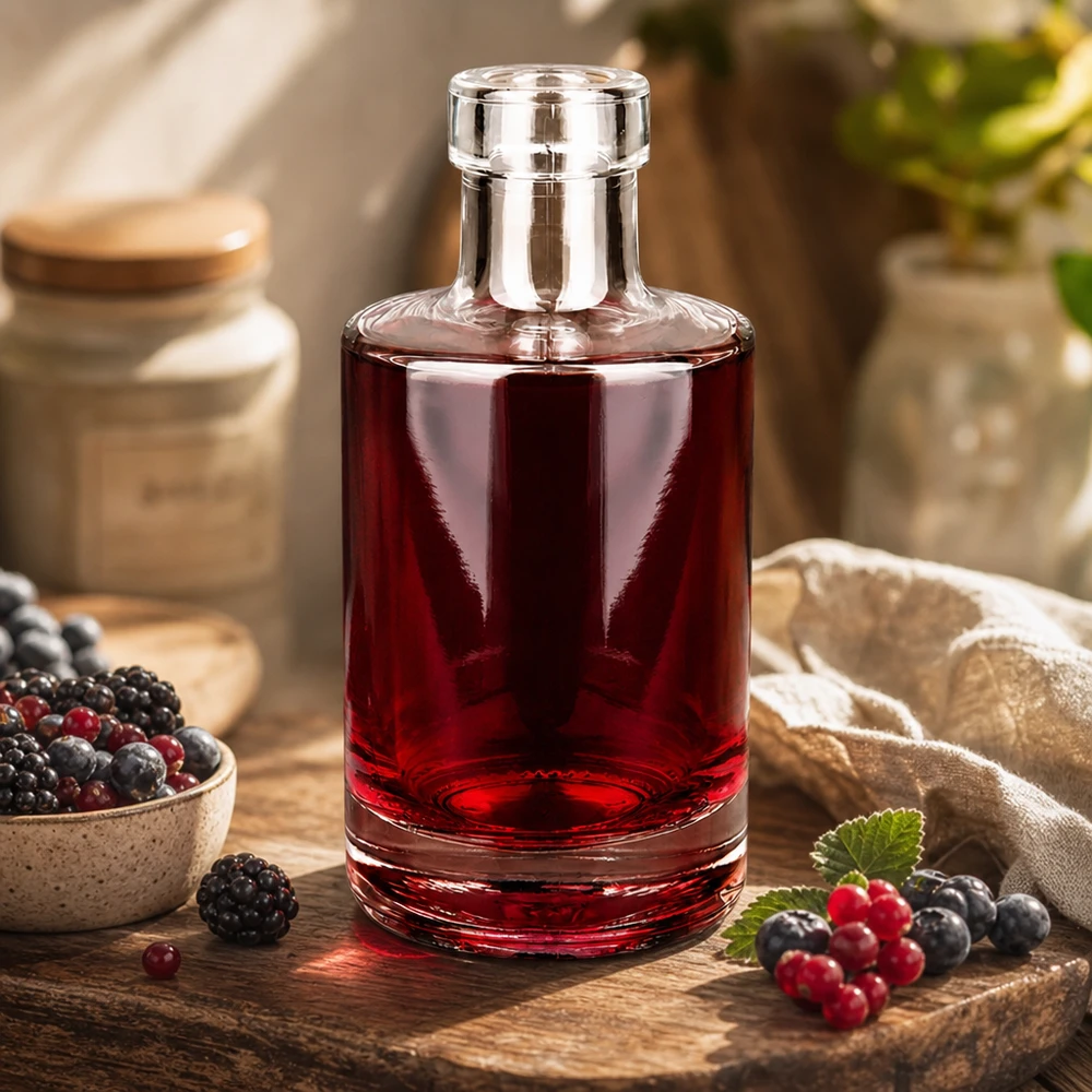200ml Glasflasche "Marie" ohne Verschluss UNiTWIST 200ml Glasflasche Marie mit Beerenlikör befüllt rustikale Küchendekoration mit frischen Beeren Anwendungsbeispiel