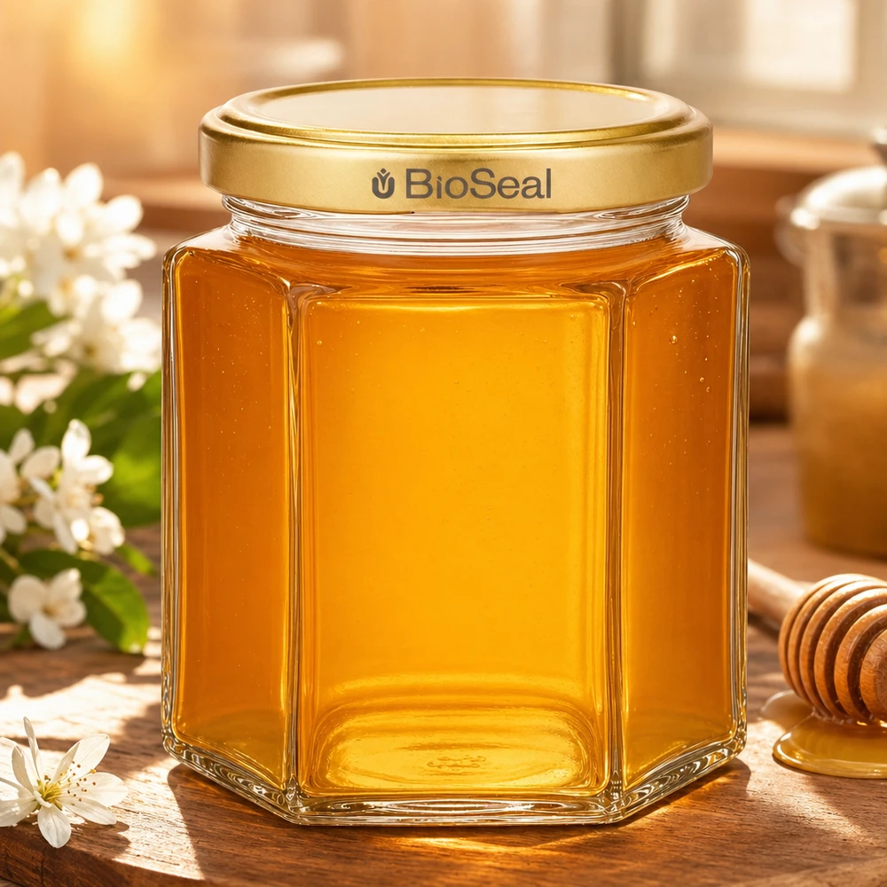 250g Honigglas hexagonal gefüllt mit goldenem Honig BioSeal Deckel Imkerei Verpackung auf Holztisch mit Blüten