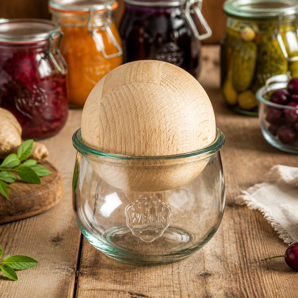 Tulpenglas WECK RR100 mit Buchenholzkugel in Küchenambiente neben bunten Einmachgläsern mit Marmeladen und Pickles