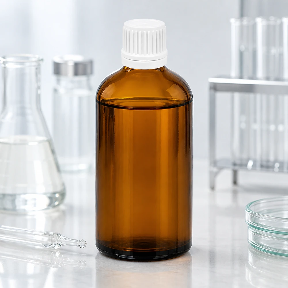 Robuste 100ml Flasche aus getöntem Glas mit manipulationssicherem weißem Verschluss