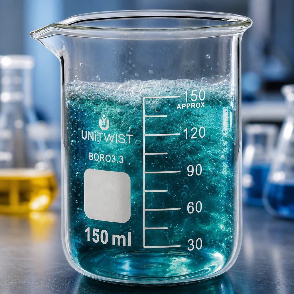 Becherglas 150ml Borosilikat, niedrige Form UNiTWIST Chemiebecher 150ml UNiTwist Borosilikat 3.3 niedrige Form mit aktiver Flüssigkeitsreaktion im Labor