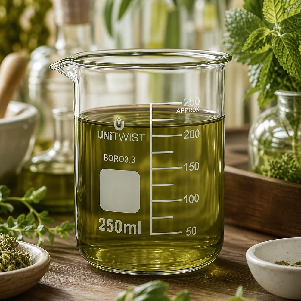 Becherglas 250ml Borosilikat niedrige Form UNiTWIST mit grünem Extrakt und Mörser im Hintergrund