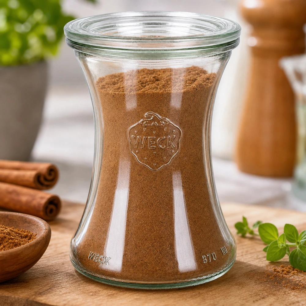 370ml Delikatessenglas mit Glasdeckel WECK RR80 WECK Delikatessenglas 370ml RR80 mit Zimt gefüllt zeigt perfekte Gewürzaufbewahrung in stilvollem Glasdesign