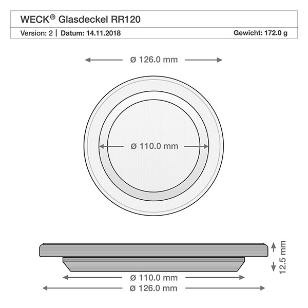 300ml Gourmetglas komplett WECK RR120 Technische Zeichnung WECK Glasdeckel RR120 mit Maßangaben 126mm und 110mm Durchmesser für Gourmetglas 450ml