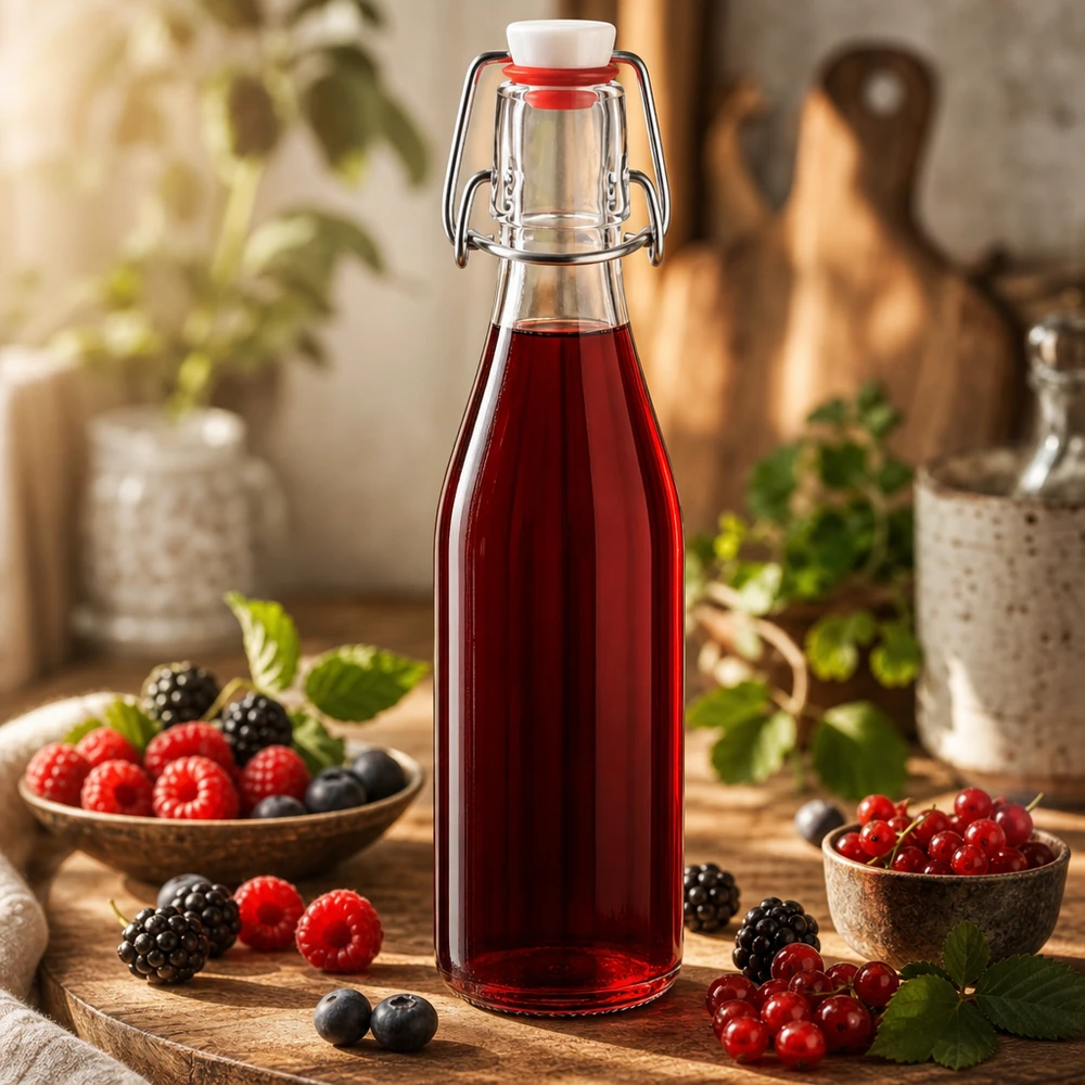 250ml Glasflasche und Bügelverschluss PVC UNiTWIST 250ml Glasflasche mit Bügelverschluss gefüllt mit rotem Beerensaft, umgeben von frischen Beeren in rustikaler Küche
