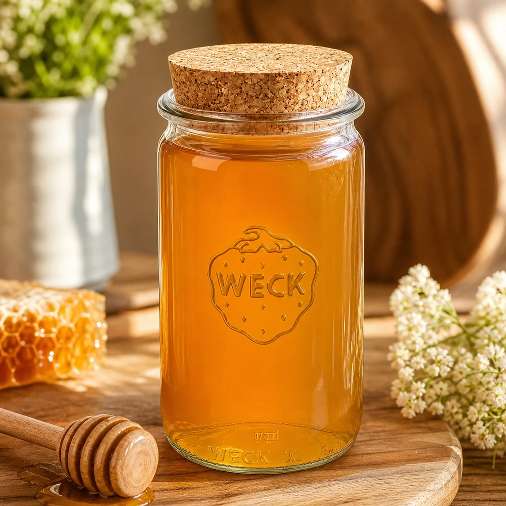 340ml Zylinderglas WECK RR60 mit Korken natur WECK Honigglas 340ml RR60 mit Korkenverschluss auf Holzbrett zwischen Waben und Blüten zeigt natürliche Aufbewahrung