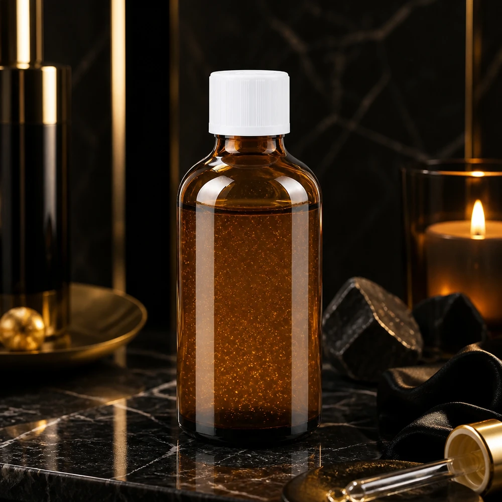 Apothekenflasche braun 50ml Tropfverschluss weiß Kindersicherung Standard 50ml ApoGlas Tropfflasche mit kindersicherem Weißverschluss vor dunklem Luxus-Produkthintergrund