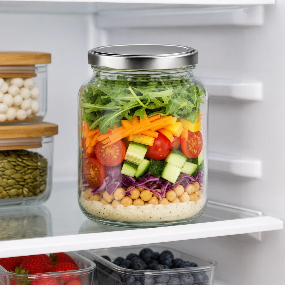 370ml Ovalglas mit BasicSeal Deckel als Meal Prep Salat im Kühlschrank mit Schichtsalat und frischen Zutaten