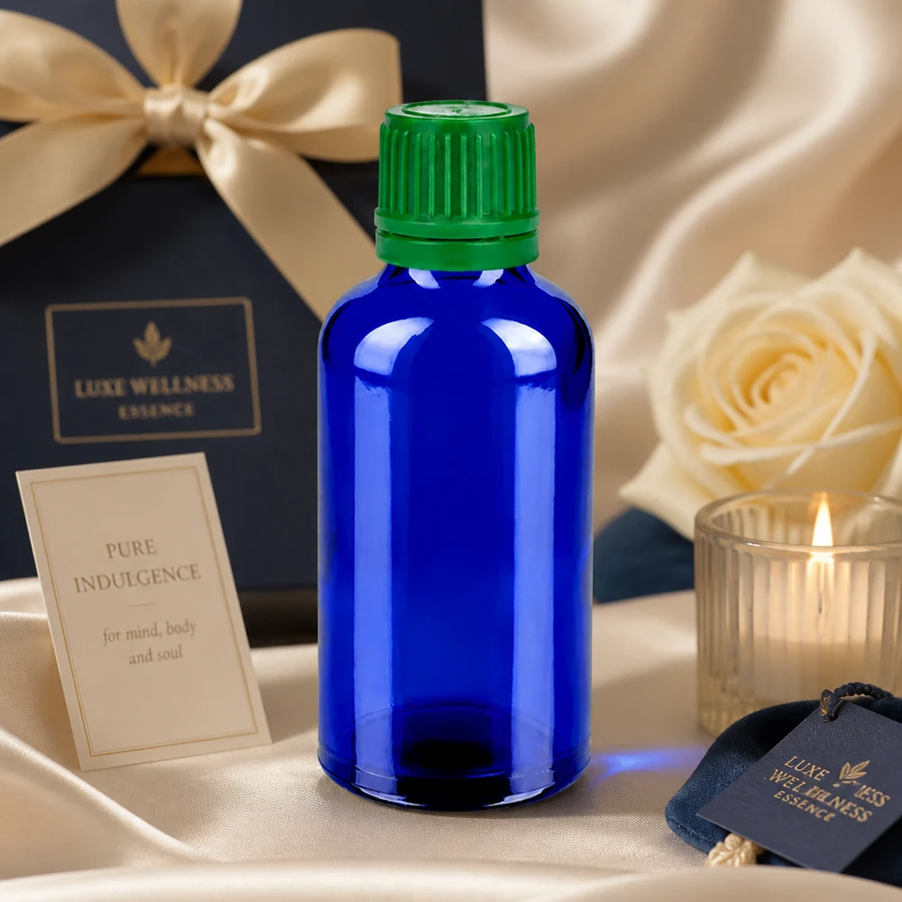 50ml Flasche 11mm Schraubverschluss grün Originalitätsverschluss BlueLine UT18/50 Stilvolle 50ml Flasche aus blauem Spezialglas mit grünem Verschluss für Premium-Hautpflege