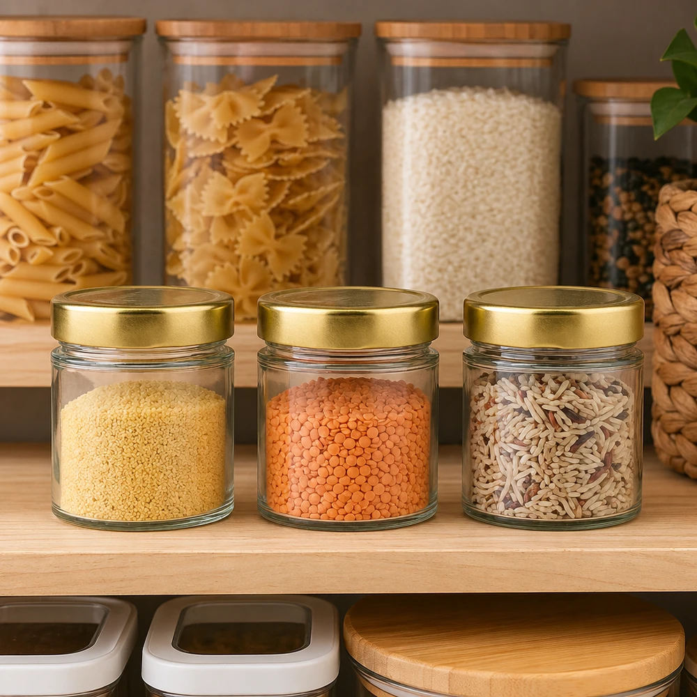 154ml Rundglas BasicSeal gold in Pantry-Szenerie mit Hülsenfrüchten Reis Pasta Vorratshaltung Küchenschrank