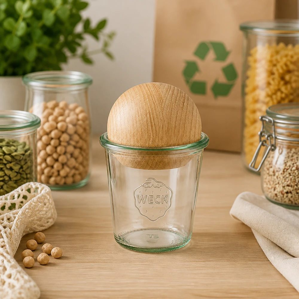 290ml Sturzglas hoch WECK RR80 mit Holzkugel Buche WECK Sturzglas 290ml RR80 mit Buchenkugel in nachhaltiger Zero-Waste-Küche zwischen Vorratsglasern und Recyclingsymbol