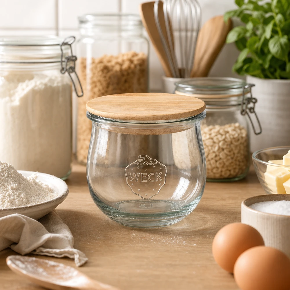 WECK Tulpenglas 370ml RR80 mit Holzdeckel in moderner Küche zwischen Vorratsgläsern und Backzutaten arrangiert